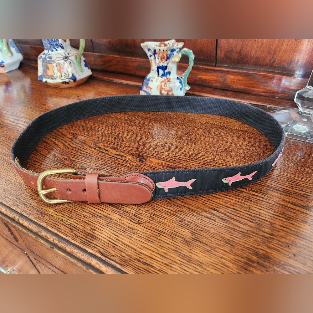 Leather Man Ltd. Shark Ribbon Belt - Navy & Neon Pink - Made in USA - Sz 38